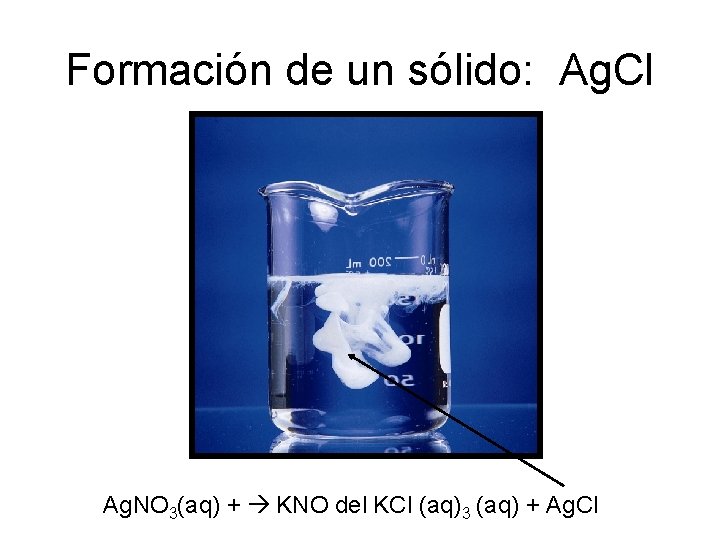 Formación de un sólido: Ag. Cl Ag. NO 3(aq) + KNO del KCl (aq)3