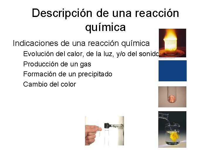 Descripción de una reacción química Indicaciones de una reacción química Evolución del calor, de