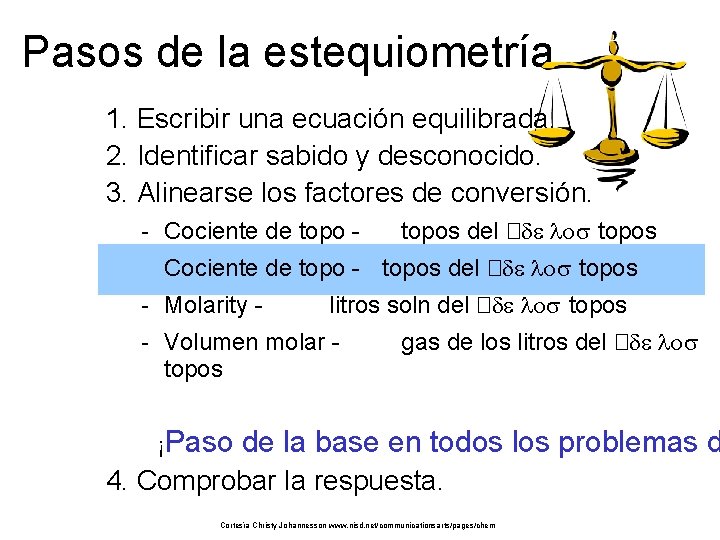 Pasos de la estequiometría 1. Escribir una ecuación equilibrada. 2. Identificar sabido y desconocido.