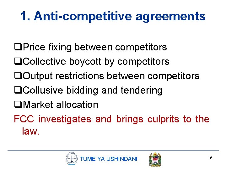 1. Anti-competitive agreements q. Price fixing between competitors q. Collective boycott by competitors q.