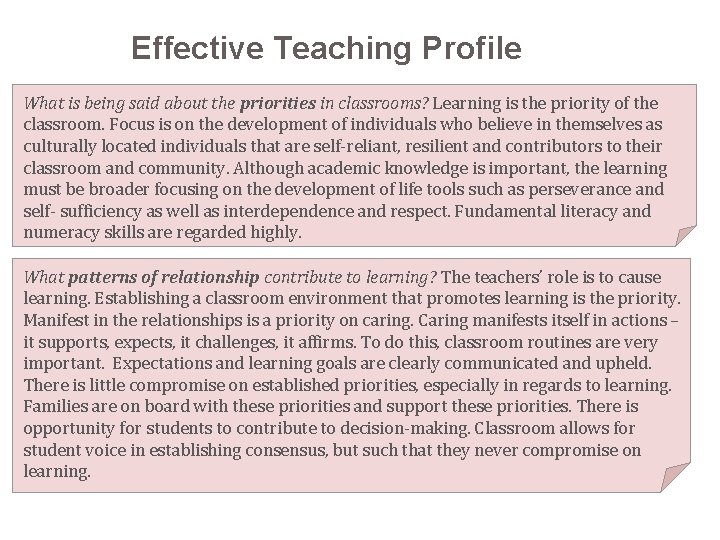 Effective Teaching Profile What is being said about the priorities in classrooms? Learning is