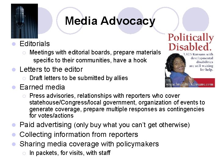 Media Advocacy l Editorials ¡ l Letters to the editor ¡ l Meetings with Media Advocacy l Editorials ¡ l Letters to the editor ¡ l Meetings with
