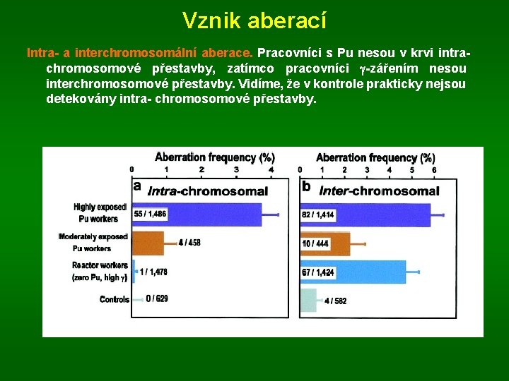 Vznik aberací Intra- a interchromosomální aberace. Pracovníci s Pu nesou v krvi intrachromosomové přestavby,