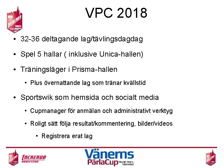 VPC 2018 • 32 -36 deltagande lag/tävlingsdagdag • Spel 5 hallar ( inklusive Unica-hallen)
