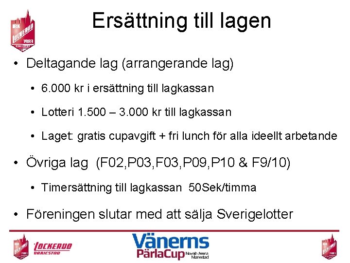 Ersättning till lagen • Deltagande lag (arrangerande lag) • 6. 000 kr i ersättning