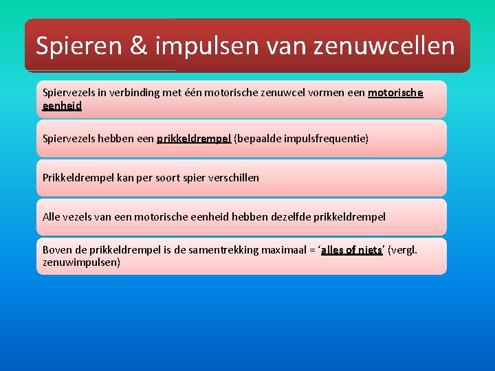 Spieren & impulsen van zenuwcellen Spiervezels in verbinding met één motorische zenuwcel vormen een