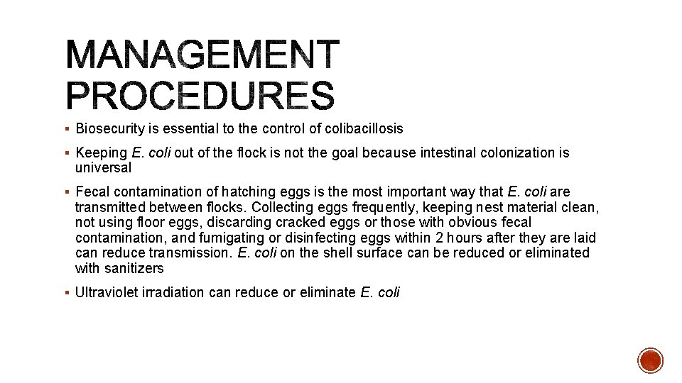 § Biosecurity is essential to the control of colibacillosis § Keeping E. coli out