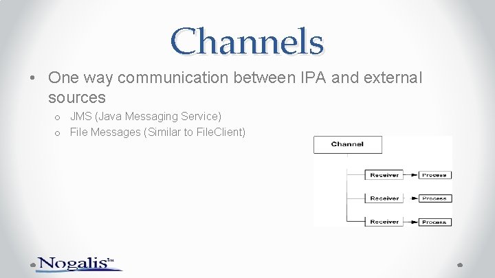 Channels • One way communication between IPA and external sources o JMS (Java Messaging