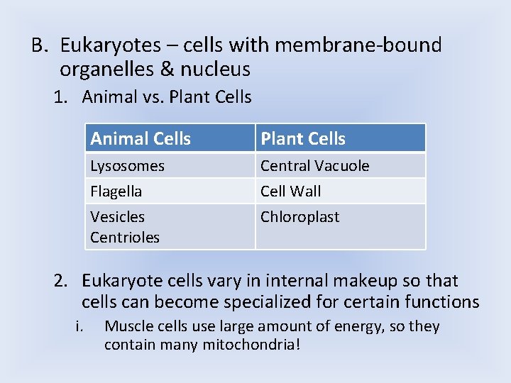 B. Eukaryotes – cells with membrane-bound organelles & nucleus 1. Animal vs. Plant Cells B. Eukaryotes – cells with membrane-bound organelles & nucleus 1. Animal vs. Plant Cells