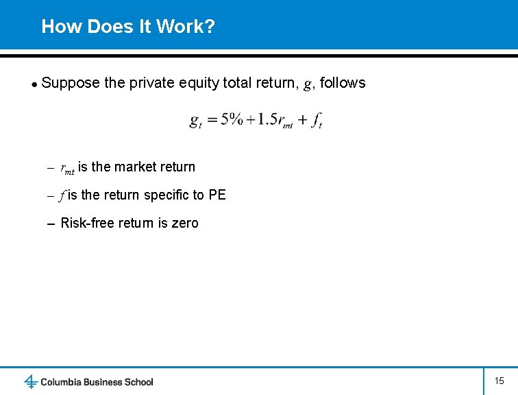 How Does It Work? ● Suppose the private equity total return, g, follows –