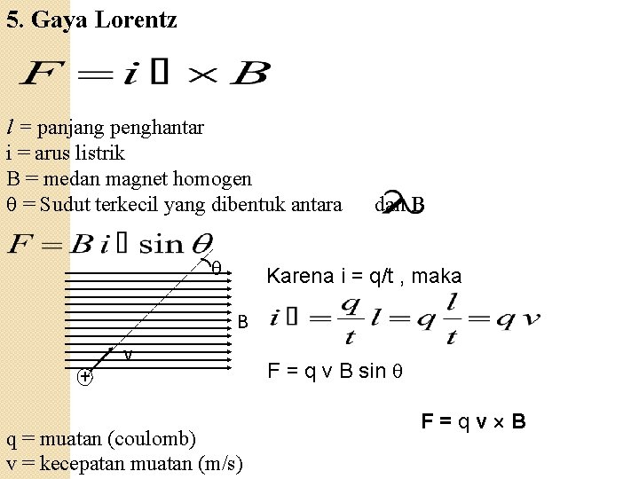 5. Gaya Lorentz l = panjang penghantar i = arus listrik B = medan