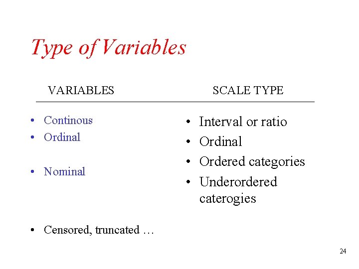 Type of Variables VARIABLES • Continous • Ordinal • Nominal SCALE TYPE • •