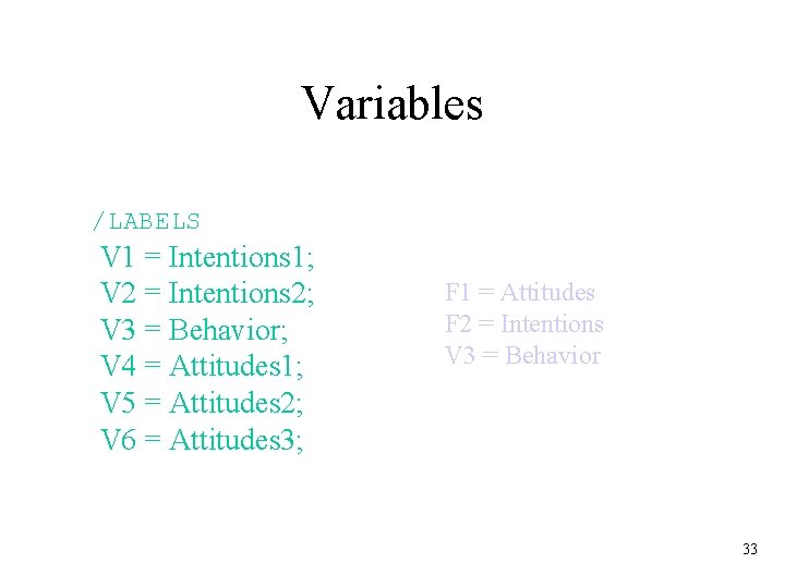 Variables /LABELS V 1 = Intentions 1; V 2 = Intentions 2; V 3