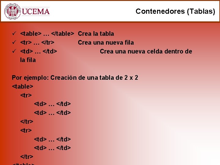 Contenedores (Tablas) ü <table> … </table> Crea la tabla ü <tr> … </tr> Crea