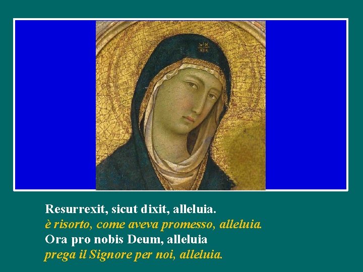 Resurrexit, sicut dixit, alleluia. è risorto, come aveva promesso, alleluia. Ora pro nobis Deum,