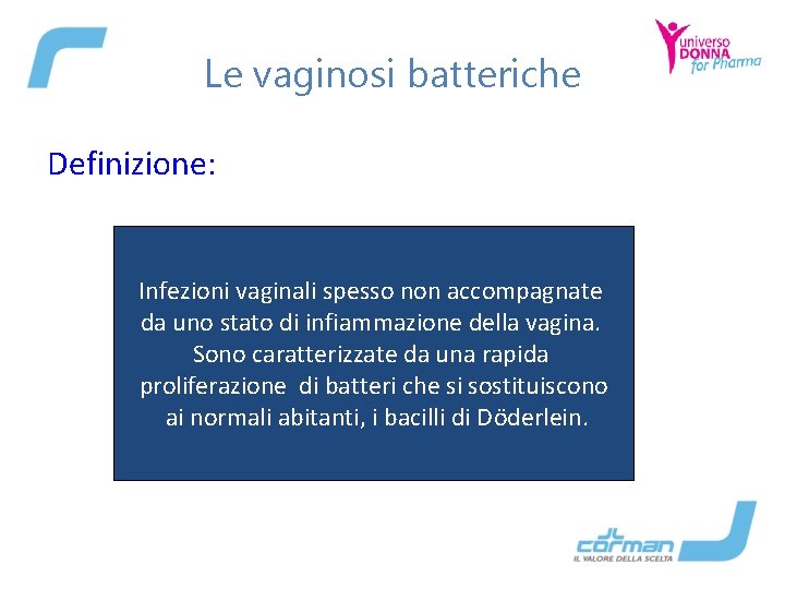 Le vaginosi batteriche Definizione: Infezioni vaginali spesso non accompagnate da uno stato di infiammazione