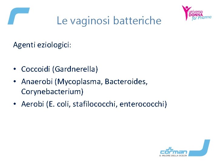 Le vaginosi batteriche Agenti eziologici: • Coccoidi (Gardnerella) • Anaerobi (Mycoplasma, Bacteroides, Corynebacterium) •