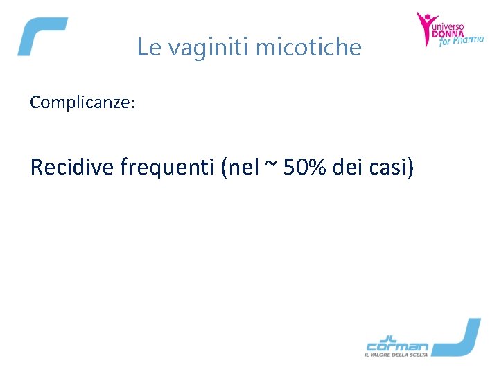 Le vaginiti micotiche Complicanze: Recidive frequenti (nel ~ 50% dei casi) 