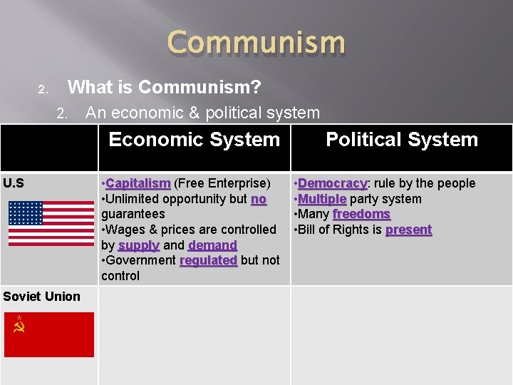 Communism 2. What is Communism? 2. U. S Soviet Union An economic & political Communism 2. What is Communism? 2. U. S Soviet Union An economic & political