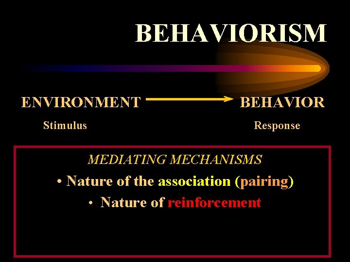 BEHAVIORISM ENVIRONMENT Stimulus BEHAVIOR Response MEDIATING MECHANISMS • Nature of the association (pairing) •