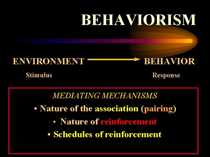 BEHAVIORISM ENVIRONMENT Stimulus BEHAVIOR Response MEDIATING MECHANISMS • Nature of the association (pairing) •