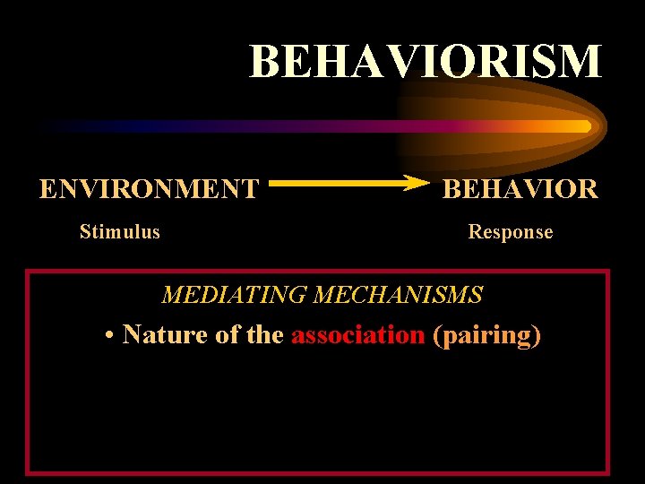 BEHAVIORISM ENVIRONMENT Stimulus BEHAVIOR Response MEDIATING MECHANISMS • Nature of the association (pairing) 