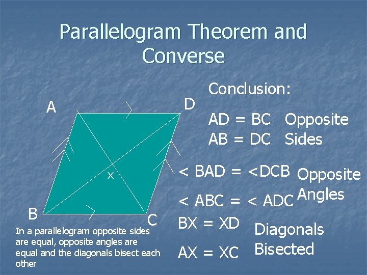 Parallelogram Theorem and Converse D A x B C In a parallelogram opposite sides Parallelogram Theorem and Converse D A x B C In a parallelogram opposite sides