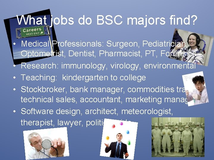 What jobs do BSC majors find? • Medical Professionals: Surgeon, Pediatrician, Optometrist, Dentist, Pharmacist, What jobs do BSC majors find? • Medical Professionals: Surgeon, Pediatrician, Optometrist, Dentist, Pharmacist,