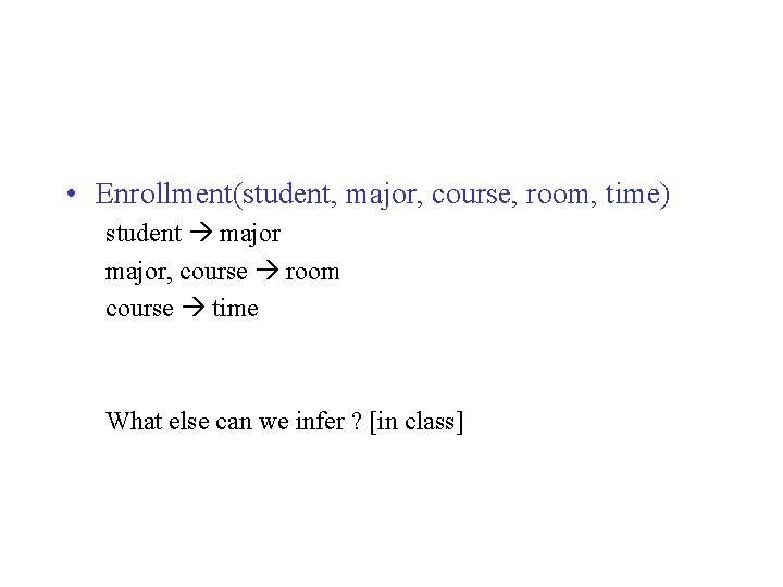  • Enrollment(student, major, course, room, time) student major, course room course time What