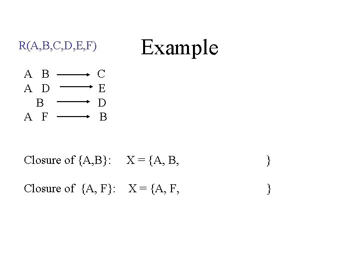 Example R(A, B, C, D, E, F) A B A D B A F