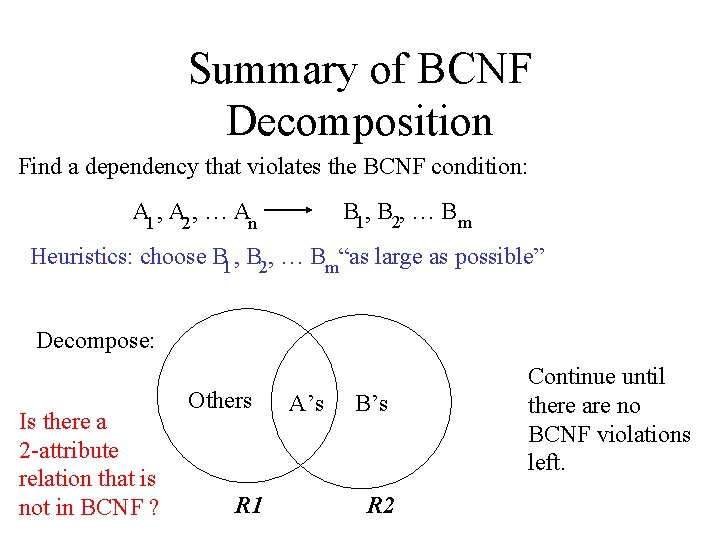 Summary of BCNF Decomposition Find a dependency that violates the BCNF condition: A 1