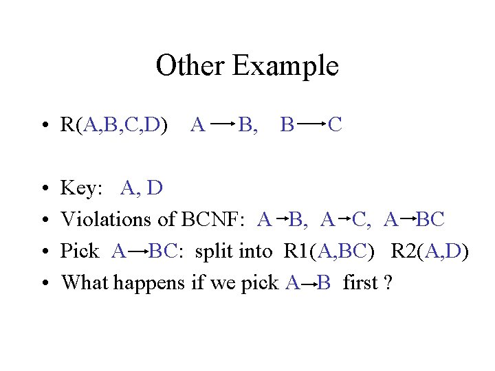 Other Example • R(A, B, C, D) A • • B, B C Key: