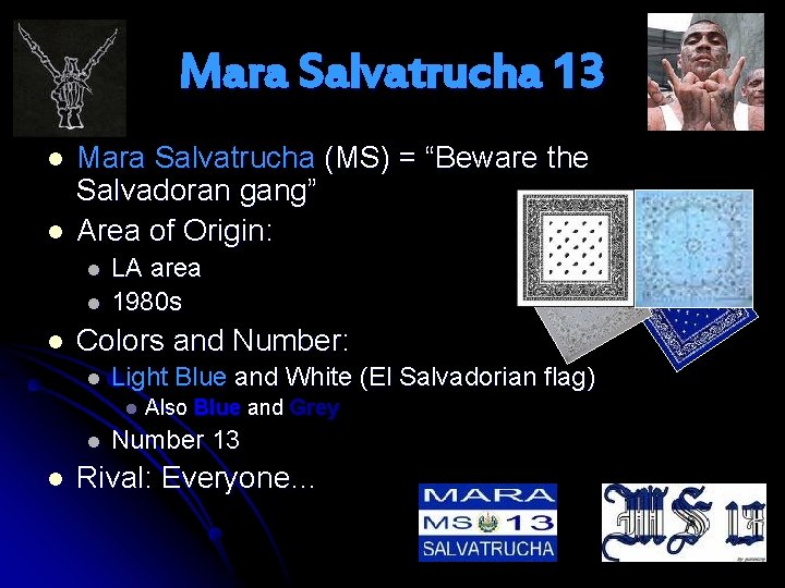 Mara Salvatrucha 13 l l Mara Salvatrucha (MS) = “Beware the Salvadoran gang” Area