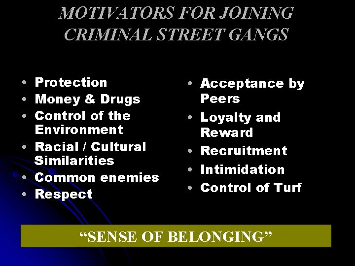 MOTIVATORS FOR JOINING CRIMINAL STREET GANGS • Protection • Money & Drugs • Control