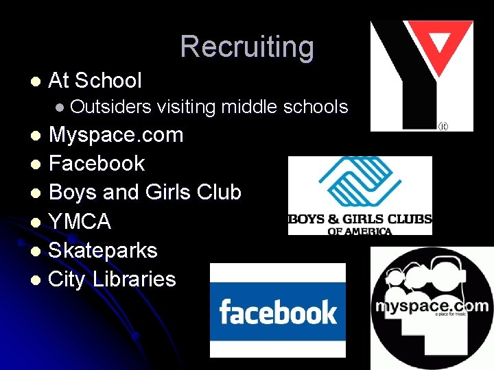 Recruiting l At School l Outsiders visiting middle schools Myspace. com l Facebook l