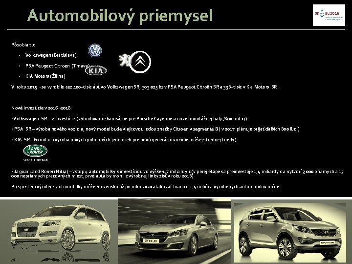Automobilový priemysel Pôsobia tu: § Volkswagen (Bratislava) § PSA Peugeot Citroen (Trnava) § KIA