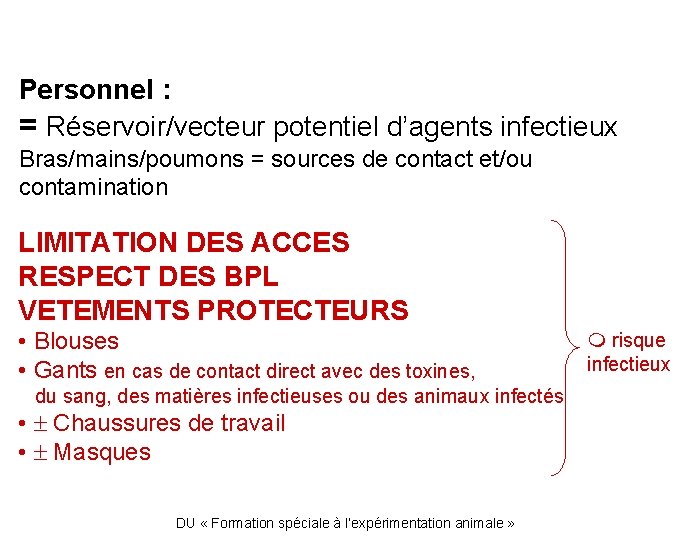 Personnel : = Réservoir/vecteur potentiel d’agents infectieux Bras/mains/poumons = sources de contact et/ou contamination
