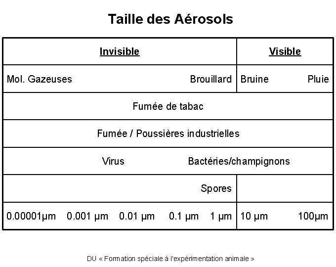 Taille des Aérosols Invisible Visible Mol. Gazeuses Brouillard Bruine Pluie Fumée de tabac Fumée