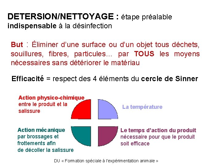 DETERSION/NETTOYAGE : étape préalable indispensable à la désinfection But : Éliminer d’une surface ou