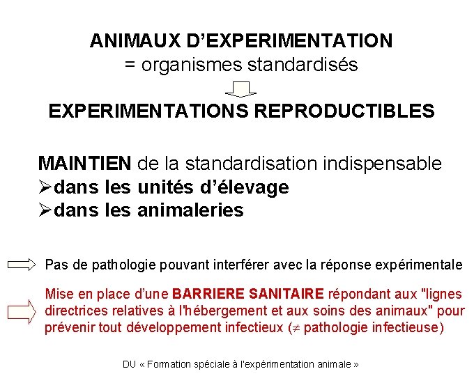 ANIMAUX D’EXPERIMENTATION = organismes standardisés EXPERIMENTATIONS REPRODUCTIBLES MAINTIEN de la standardisation indispensable Ødans les
