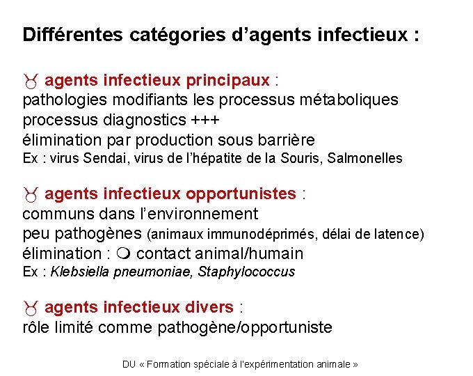 Différentes catégories d’agents infectieux : agents infectieux principaux : pathologies modifiants les processus métaboliques
