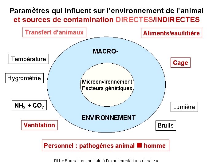 Paramètres qui influent sur l’environnement de l’animal et sources de contamination DIRECTES/INDIRECTES Transfert d’animaux