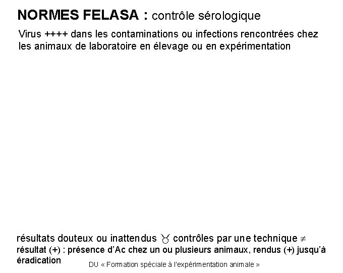 NORMES FELASA : contrôle sérologique Virus ++++ dans les contaminations ou infections rencontrées chez