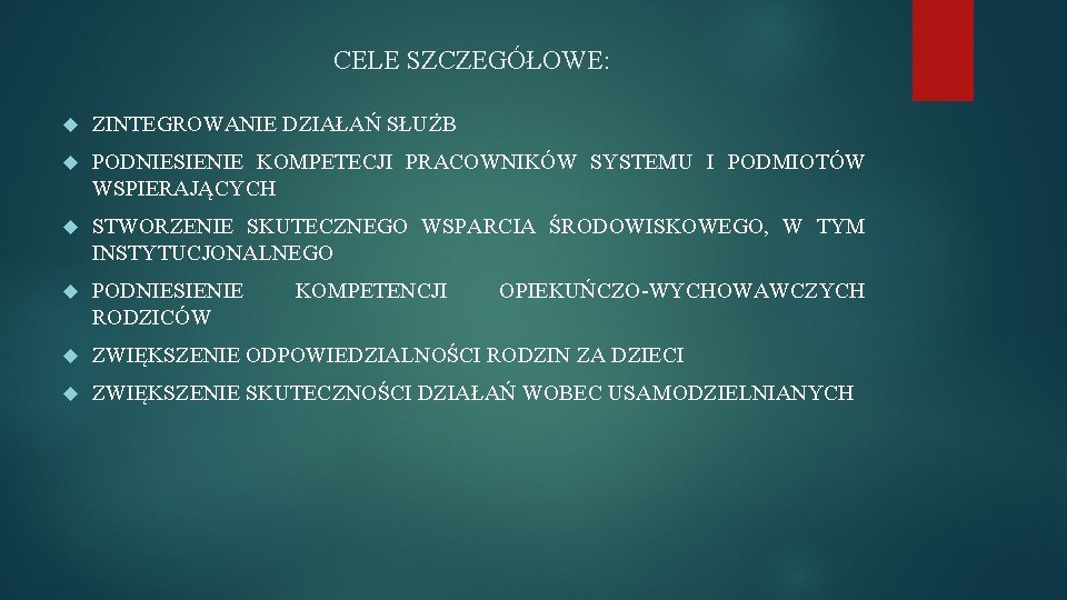 CELE SZCZEGÓŁOWE: ZINTEGROWANIE DZIAŁAŃ SŁUŻB PODNIESIENIE KOMPETECJI PRACOWNIKÓW SYSTEMU I PODMIOTÓW WSPIERAJĄCYCH STWORZENIE SKUTECZNEGO