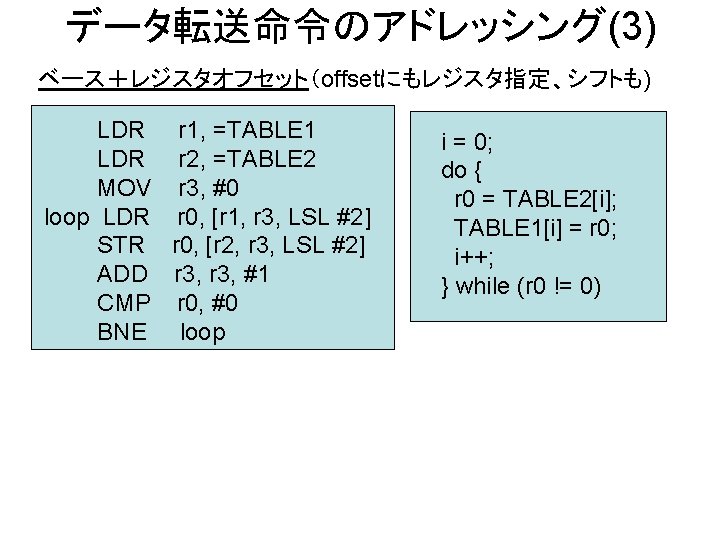 データ転送命令のアドレッシング(3) ベース＋レジスタオフセット（offsetにもレジスタ指定、シフトも) LDR r 1, =TABLE 1 LDR r 2, =TABLE 2 MOV r