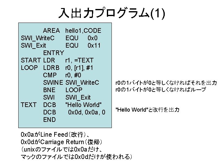 入出力プログラム(1) AREA hello 1, CODE SWI_Write. C EQU 0 x 0 SWI_Exit EQU 0