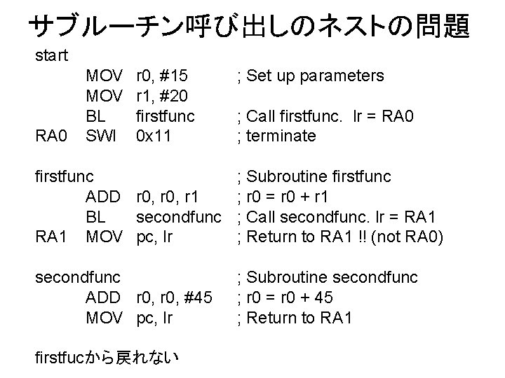 サブルーチン呼び出しのネストの問題 start RA 0 MOV BL SWI r 0, #15 r 1, #20 firstfunc