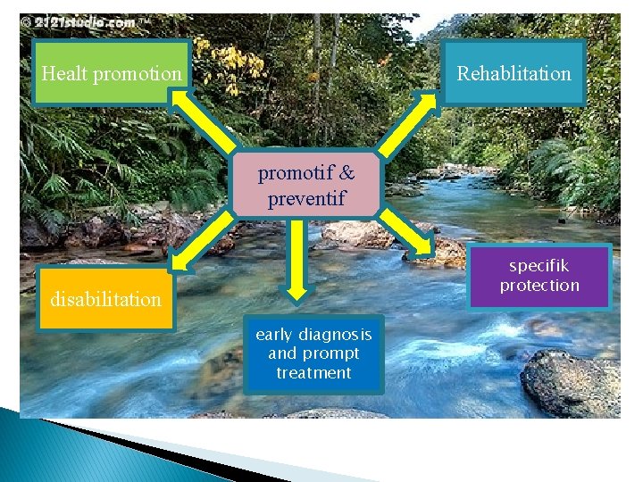 Healt promotion Rehablitation promotif & preventif specifik protection disabilitation early diagnosis and prompt treatment