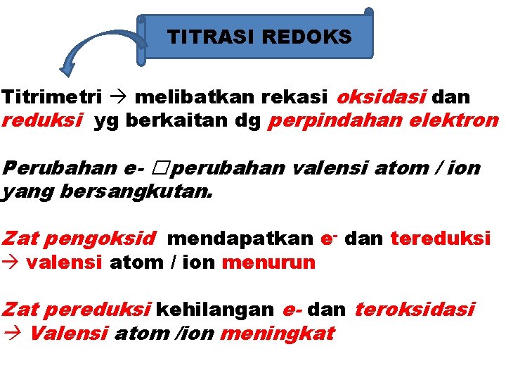 TITRASI REDOKS Titrimetri melibatkan rekasi oksidasi dan reduksi yg berkaitan dg perpindahan elektron Perubahan