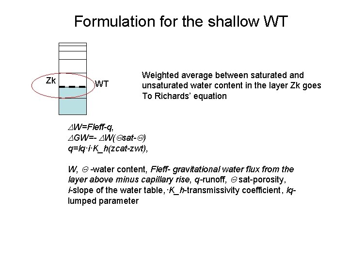 Formulation for the shallow WT Zk WT Weighted average between saturated and unsaturated water